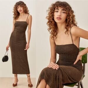 Reformation Breslin Midi Dress in Brown Gold Night Sky Size Large